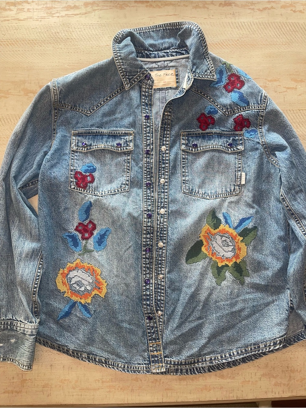 We The Free Light Blue Denim Jacket with Purple Accent Buttons